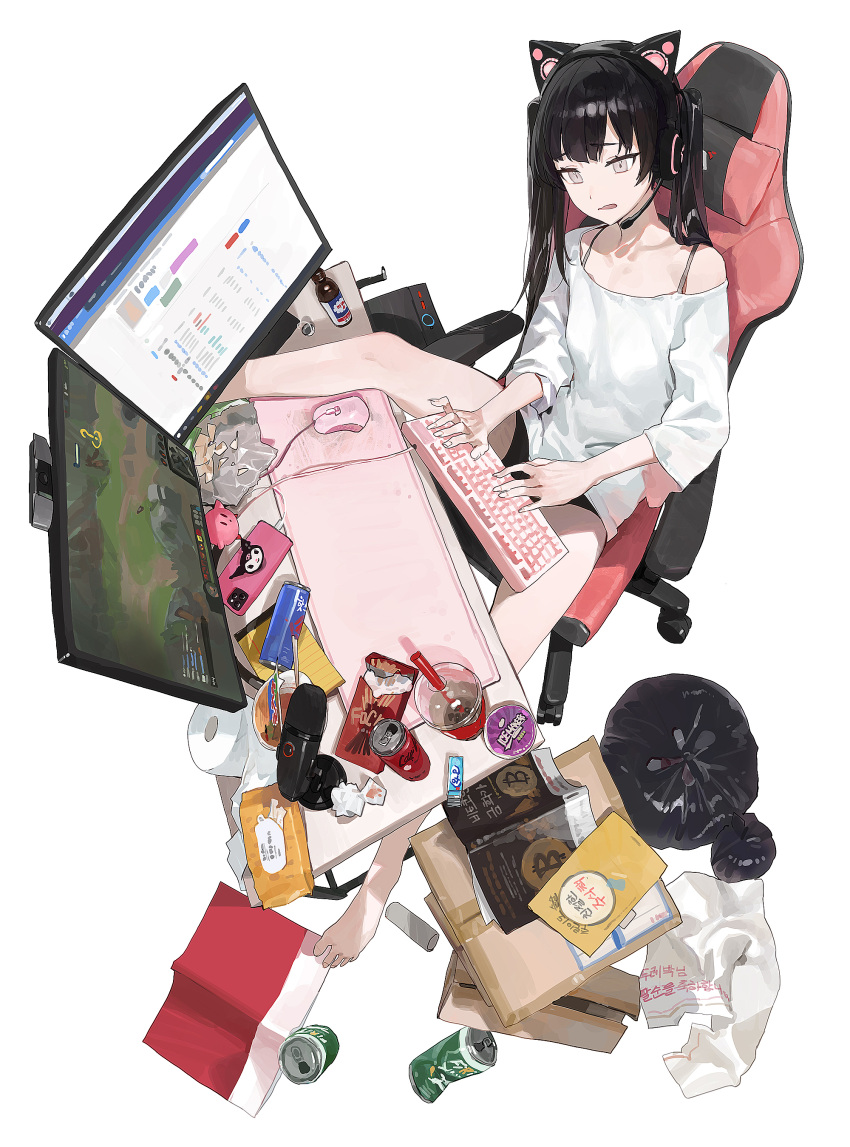 1girl absurdres bitcoin black_hair book bubble_tea cat_ear_headphones cellphone chewing_gum chips desktop drinking_straw flat_screen_tv food grey_eyes headphones highres instant_ramen keyboard_(computer) kirby kirby_(series) league_of_legends microphone modare monitor mouse_(computer) noodles original phone potato_chips ramen smartphone solo tin_can toilet_paper trash_bag wet_wipes
