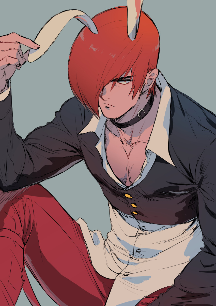 1boy absurdres animal_ears bangs beniazumaru closed_mouth collar grey_background hair_over_one_eye highres long_sleeves looking_at_viewer male_focus pants pectoral_cleavage pectorals rabbit_ears red_hair red_pants short_hair simple_background solo the_king_of_fighters yagami_iori