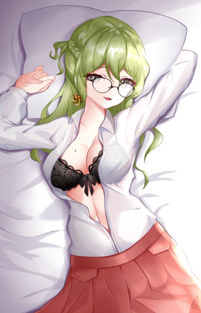 1girl absurdres armpits arms_up black_bra black_panties blush bow bow_bra bra braid breasts cleavage collared_shirt cowboy_shot earrings fang green_eyes green_hair highres honkai_(series) honkai_impact_3rd jewelry lace-trimmed_bra lace_trim long_hair long_sleeves looking_at_viewer lying medium_breasts midriff mobius_(honkai_impact) mole mole_on_breast naughty_face navel on_back on_bed open_clothes open_shirt panties penguin_uwu pleated_skirt red_skirt school_uniform shirt shirt_tucked_in skirt slit_pupils smile solo underwear white_shirt