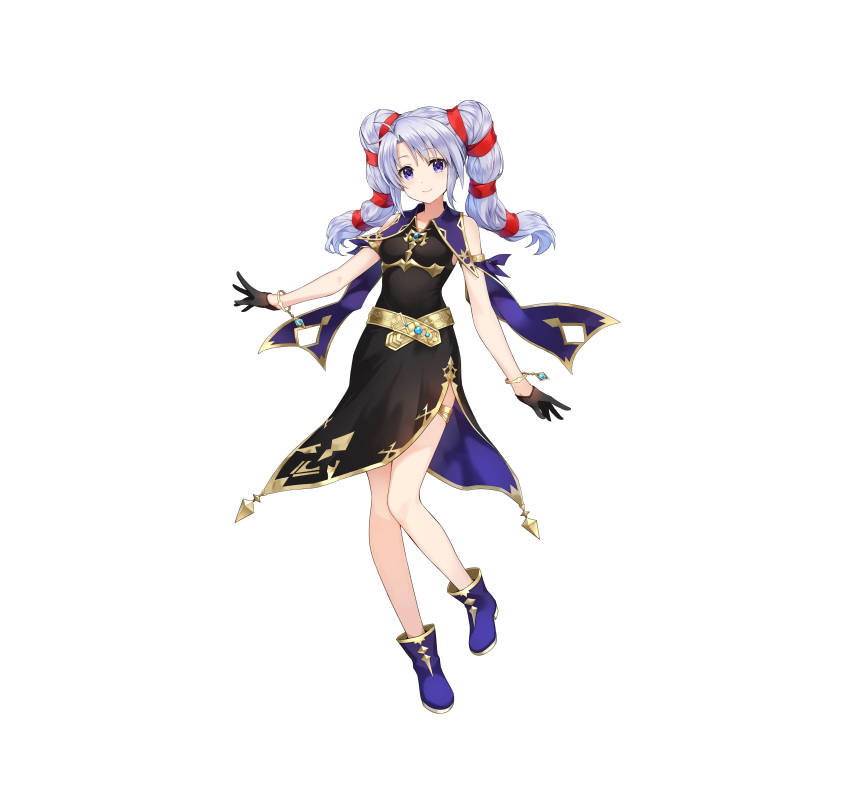 1girl absurdres amagai_tarou ankle_boots bangs bare_shoulders belt black_dress black_gloves boots bracelet commentary_request dress fire_emblem fire_emblem:_genealogy_of_the_holy_war fire_emblem_heroes full_body gloves gold_trim highres jewelry long_hair official_art purple_eyes short_dress simple_background sleeveless sleeveless_dress solo tine_(fire_emblem) twintails white_background