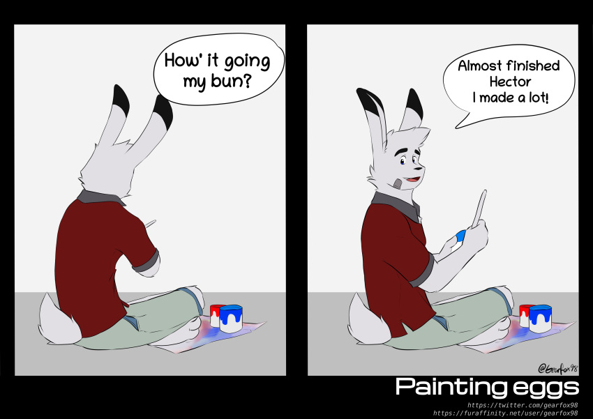 absurd_res anthro band-aid bandage blue_eyes clothing comic dialogue digital_media_(artwork) easter easter_egg egg flat_colors francis_(gearfox98) gearfox98 hare hi_res holidays lagomorph leporid male mammal paint painted_eggs painting paws rabbit red_clothing solo