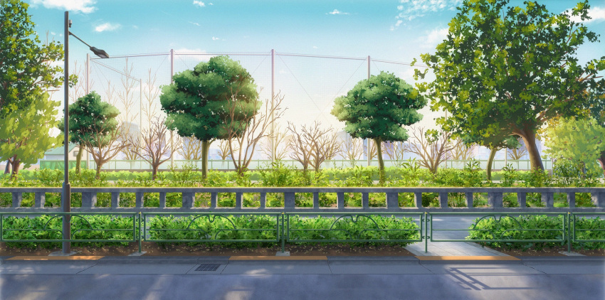 blue_sky building bush cityscape cloud english_commentary fence highres isbeyvan japan lamppost no_humans original outdoors pavement road scenery shadow sky tree