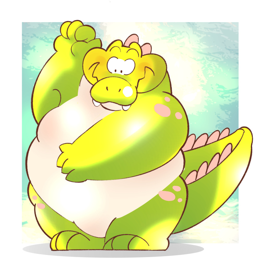 2022 4_fingers absurd_res alligator alligatorid anthro belly big_belly biped blush crocodilian fingers green_body hi_res kemono m2vcjtad5hsdvla overweight reptile scalie solo white_body