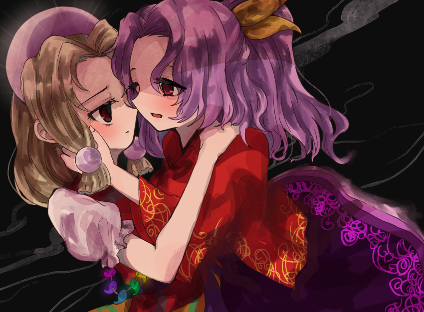 2girls absurdres blonde_hair bow dark_background dress face-to-face forehead hair_bow hair_ornament hand_on_another's_face hand_on_another's_shoulder hara22hara highres japanese_clothes komakusa_sannyo long_sleeves magatama medium_hair multiple_girls orb ponytail purple_hair purple_skirt red_eyes red_shirt shirt short_sleeves skirt smoke smoke_trail tamatsukuri_misumaru touhou upper_body yellow_bow yuri