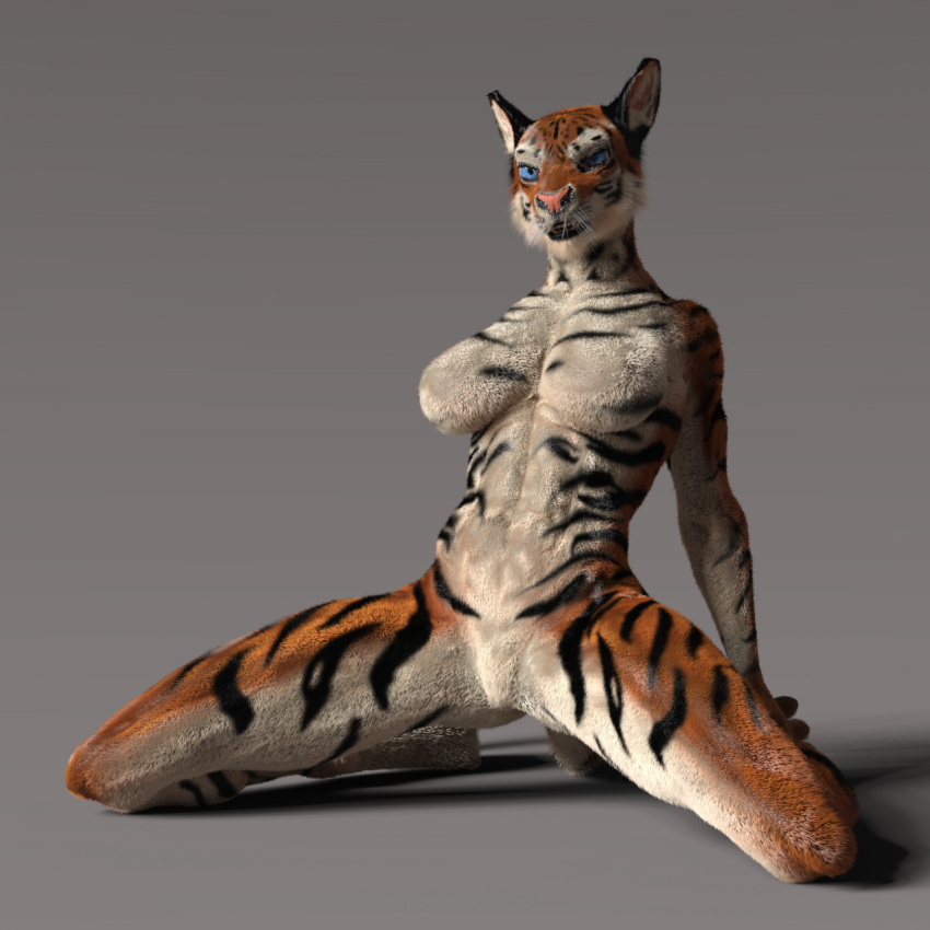 3d_(artwork) abs anthro athletic athletic_female bengal_tiger big_eyes black_ears black_stripes blue_eyes breasts butt_from_the_front digital_media_(artwork) earthclan3d facial_markings featureless_breasts featureless_crotch feet felid female fingers floor fur glistening glistening_body glistening_fur grey_background hands_on_thighs head_markings hi_res kneeling leaning leaning_back looking_at_viewer mammal markings nude orange_body orange_fur pantherine pink_nose pinup pose presenting_crotch shadow simple_background solo spread_legs spreading standing striped_arms striped_body striped_face striped_fur striped_legs striped_markings stripes three-quarter_view tiger toes white_body white_fur white_inner_ear white_whiskers