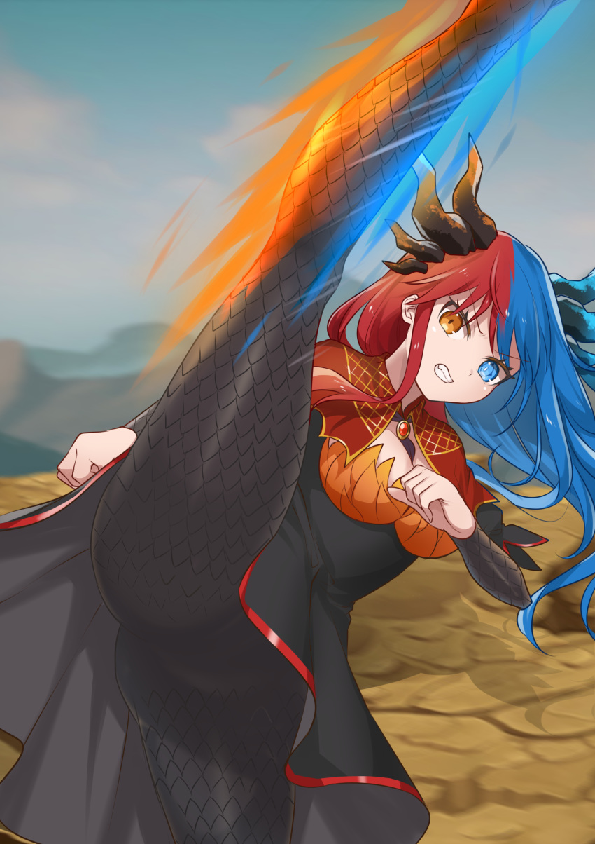 1girl absurdres angry ass bangs blue_eyes blue_hair blue_horns blurry blurry_background blush breasts bright_pupils clenched_teeth cliff commission commissioner_upload dragon_girl dragon_horns dress eyebrows_visible_through_hair fighting heterochromia highres horns inferna_dragnis jewelry kicking large_breasts leg_up long_hair monster_girl multicolored_hair necktie orange_eyes original outdoors pantyhose red_hair red_horns scenery shadow solo split split-color_hair standing standing_on_one_leg standing_split symbol-shaped_pupils teeth two-tone_hair usagi1923 white_pupils