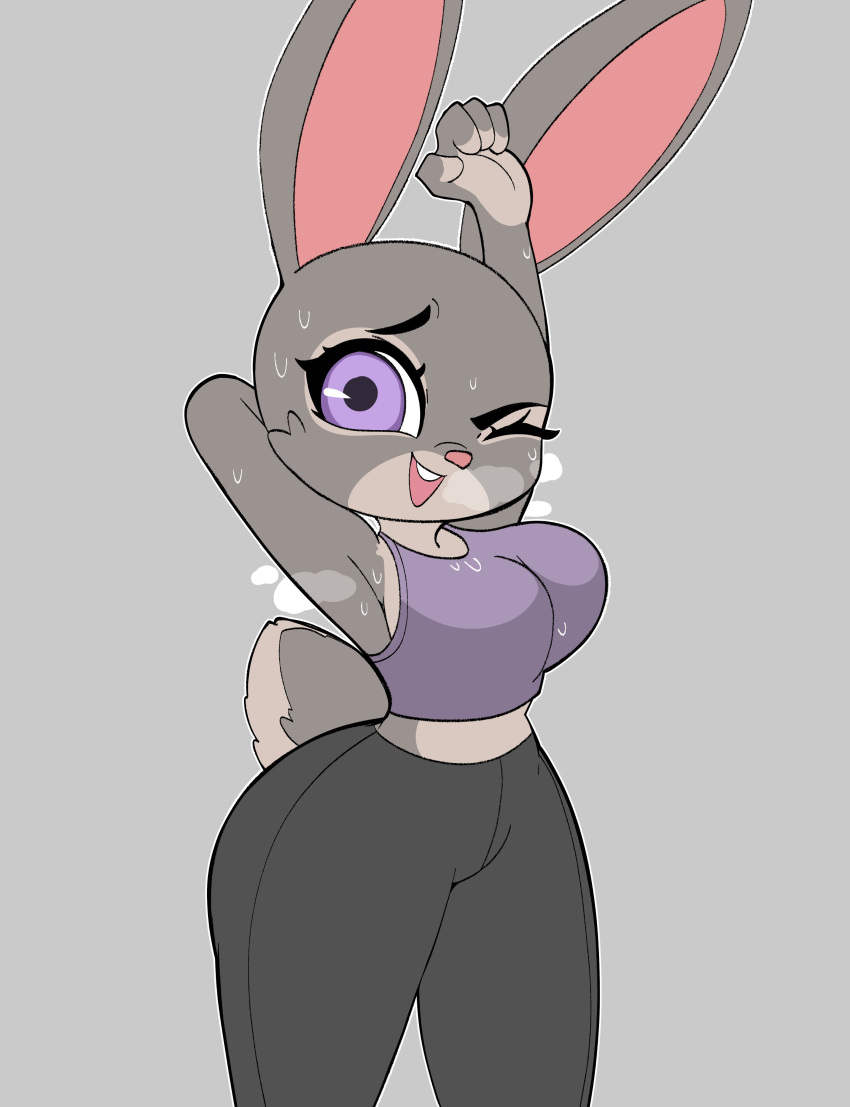 absurd_res anthro bodily_fluids breasts disney exercise female hand_behind_head hi_res judy_hopps lagomorph leporid looking_at_viewer mammal midriff one_eye_closed onibi rabbit raised_arm simple_background solo sweat workout workout_clothing zootopia