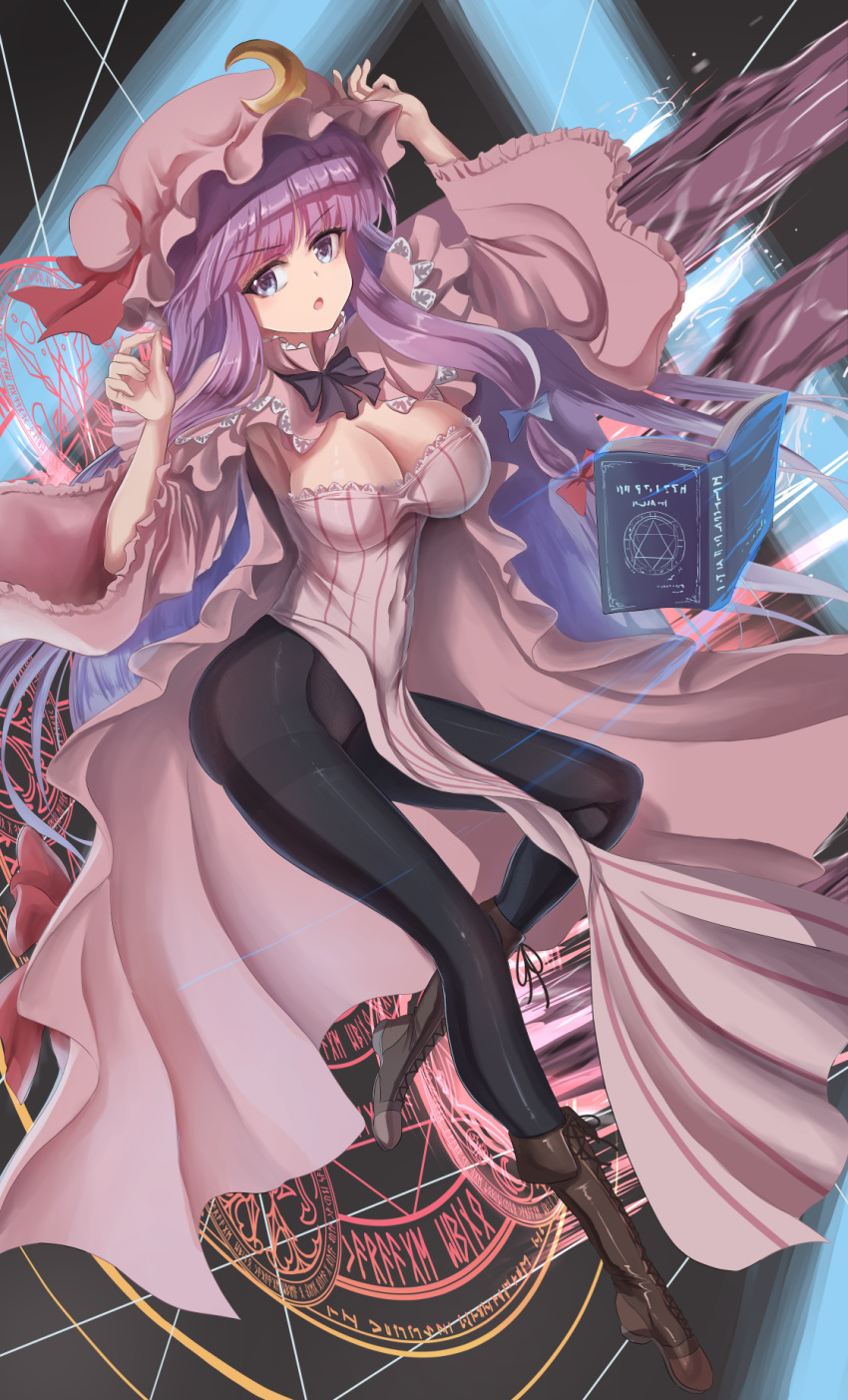 1girl black_legwear boots breasts cleavage crescent crescent_hat_ornament dress hat hat_ornament highres large_breasts long_dress long_hair looking_at_viewer mob_cap namiki_(remiter00) pantyhose patchouli_knowledge purple_eyes purple_hair solo striped striped_dress touhou vertical-striped_dress vertical_stripes very_long_hair