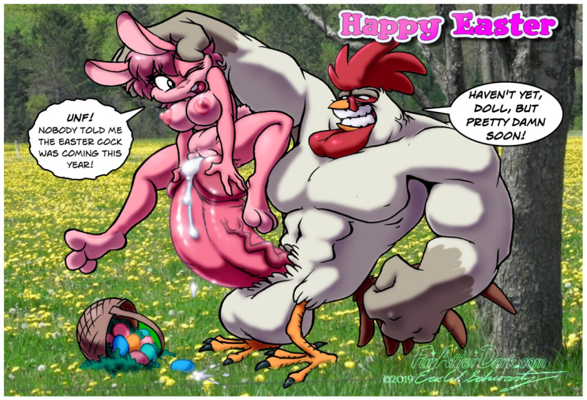 2019 abs anthro avian balls basket big_balls big_penis bird bodily_fluids breasts chicken container cum cum_drip cum_on_penis dialogue digital_media_(artwork) dripping duo easter easter_egg english_text eric_schwartz feathers female fur galliform gallus_(genus) genital_fluids genitals grin hindpaw holidays huge_balls huge_penis humanoid_hands hyper hyper_balls hyper_genitalia hyper_penis it'll_never_fit lagomorph leporid male male/female mammal muscular muscular_anthro muscular_male navel nipples nude paws pecs penis penis_on_pussy phasianid pink_body pink_fur pussy rabbit signature smile speech_bubble standing teeth text toothy_grin white_body white_feathers