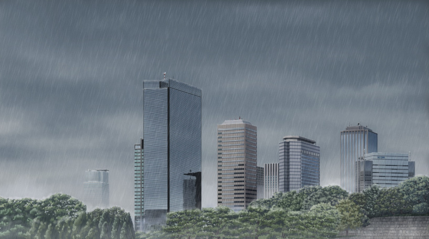 building city cityscape cloud commentary dark_clouds helipad highres isbeyvan japan no_humans original outdoors rain reflection scenery sky skyscraper tree wall