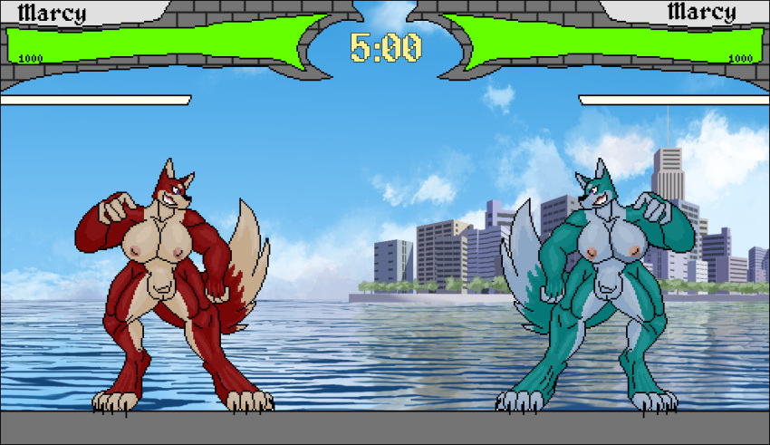 alternate_color animal_genitalia anthro balls big_balls big_breasts breasts canid canine city city_background duo fighting_game fighting_pose fully_sheathed fur gameplay_mechanics genitals green_body green_fur gynomorph health_bar hi_res intersex mammal marcy's_lewd_images marcy_(marcy's_lewd_images) multicolored_body multicolored_fur muscular muscular_gynomorph muscular_intersex pose red_body red_fur sheath thick_thighs timer two_tone_body two_tone_fur unusual_eyes video_games were werecanid werecanine werewolf