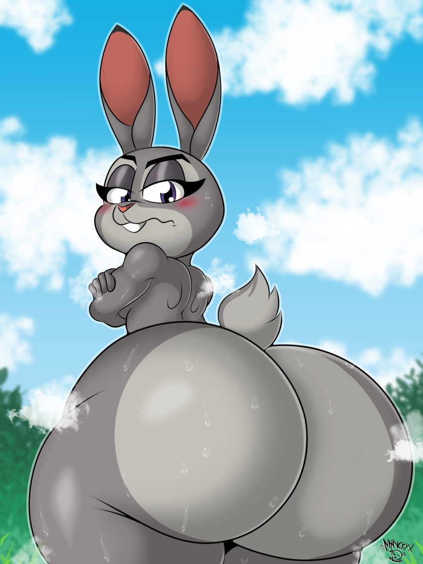 2022 absurd_res anthro big_butt blush bodily_fluids butt cloud day disney female fingers hi_res huge_butt judy_hopps lagomorph leporid looking_at_viewer looking_back looking_back_at_viewer mammal mrxrickyx nude outside purple_eyes rabbit scut_tail short_tail solo sweat sweaty_butt zootopia