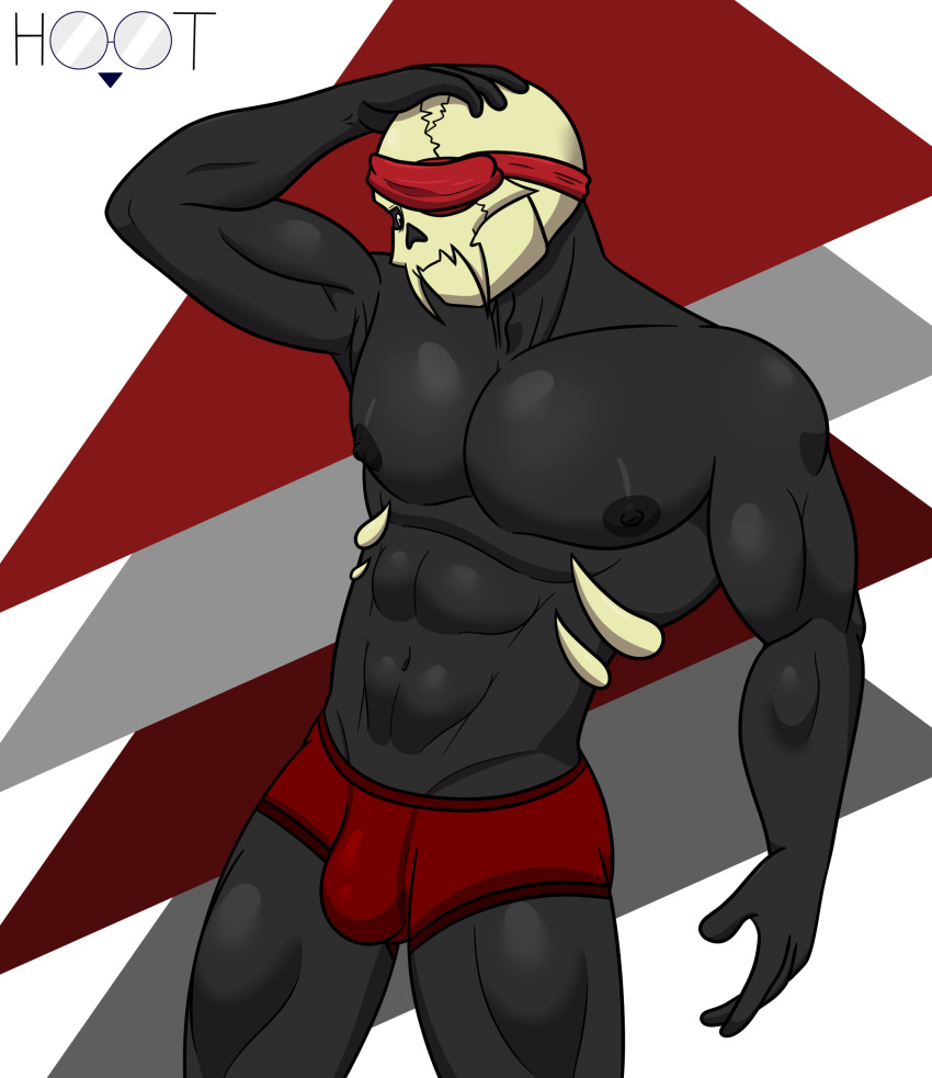 abs absurd_res athletic bandanna bone boxers_(clothing) bulge clothing dg254 hi_res humanoid kerchief looking_at_viewer male male/male muscular nipples not_furry pecs simple_background skull skull_head solo underwear