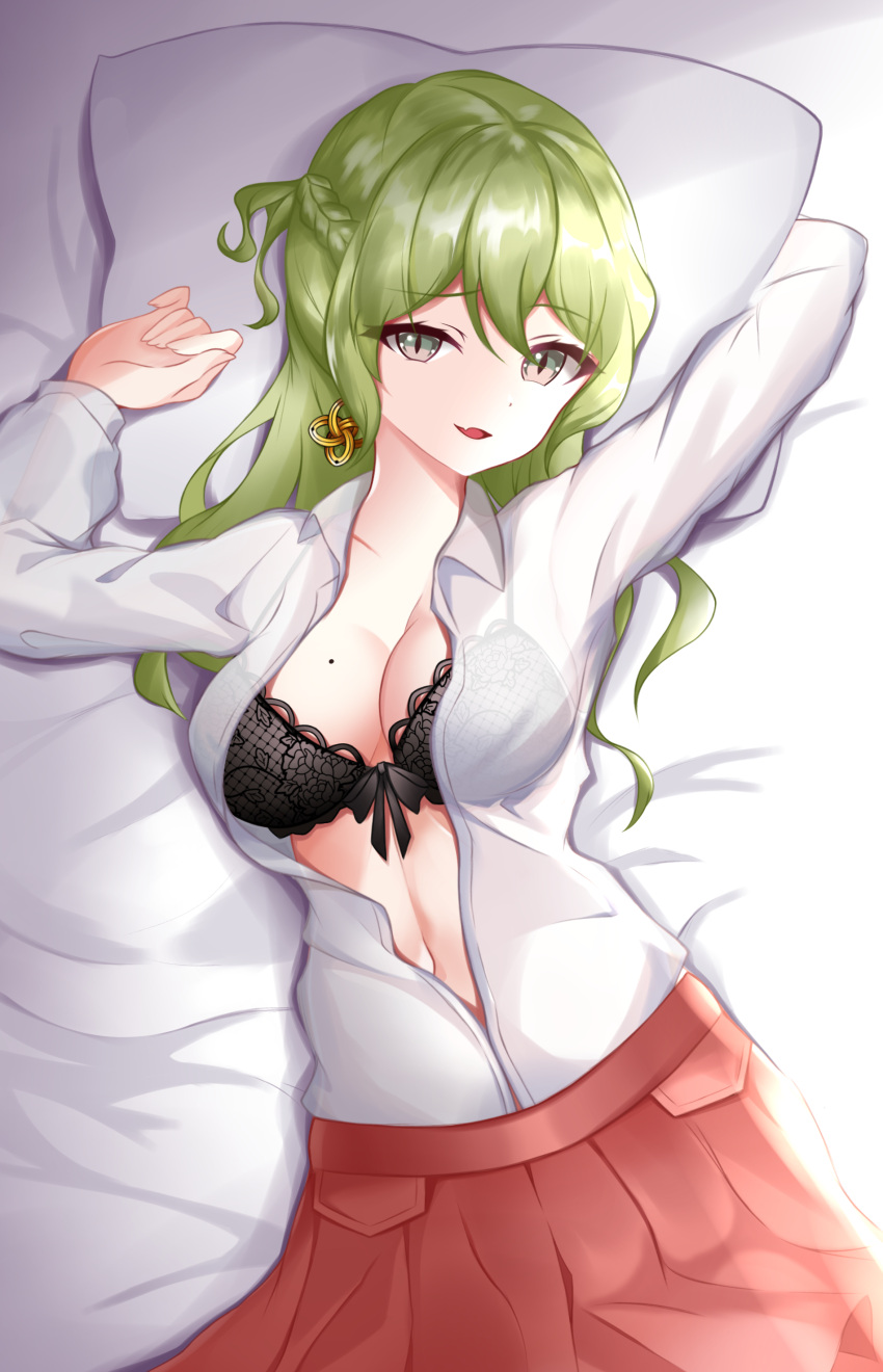 1girl absurdres armpits arms_up black_bra black_panties blush bow bow_bra bra braid breasts cleavage collared_shirt commentary cowboy_shot earrings english_commentary fang green_eyes green_hair highres honkai_(series) honkai_impact_3rd jewelry lace-trimmed_bra lace_trim long_hair long_sleeves looking_at_viewer lying medium_breasts midriff mobius_(honkai_impact) mole mole_on_breast naughty_face navel on_back on_bed open_clothes open_shirt panties penguin_uwu pleated_skirt red_skirt school_uniform shirt shirt_tucked_in skirt slit_pupils smile solo underwear white_shirt