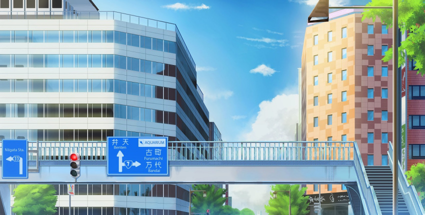 blue_sky building city cityscape cloud commentary_request fence isbeyvan japan lamppost no_humans original outdoors pedestrian_bridge road_sign scenery sign sky traffic_light tree window