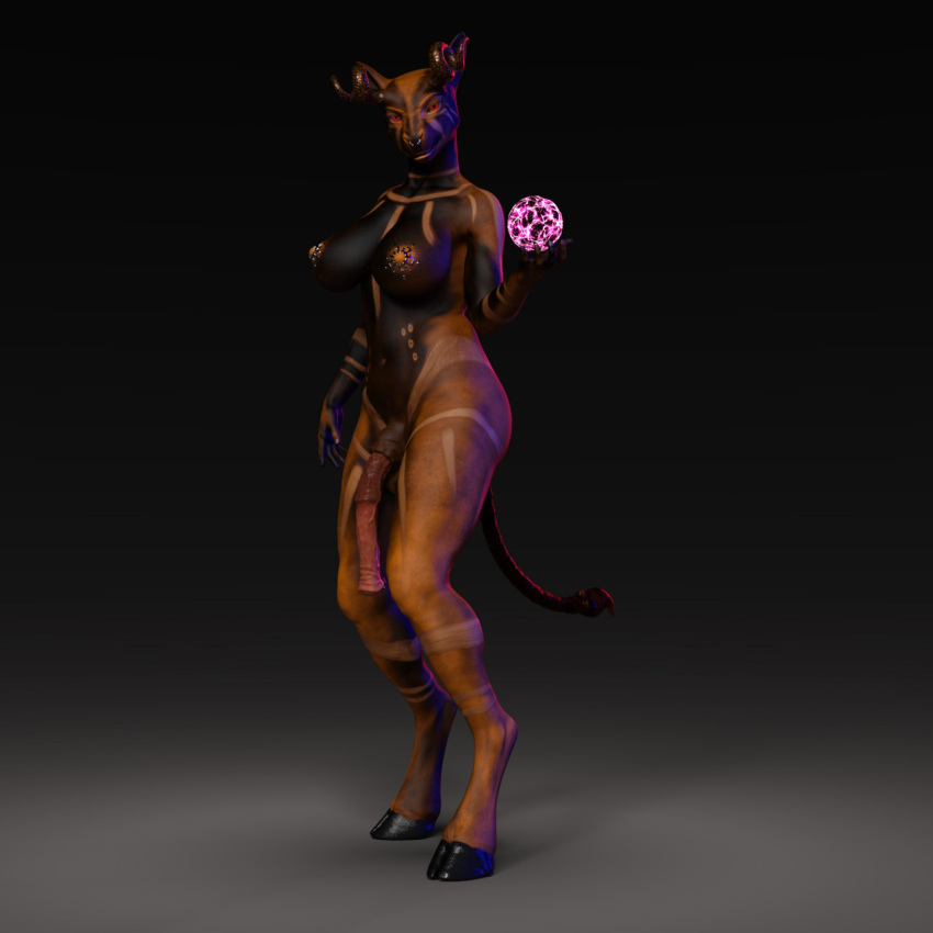 1:1 3d_(artwork) animal_genitalia animal_penis anthro arm_bent arm_markings arm_stripes big_breasts big_penis black_body black_breasts black_fur black_hooves bovid bovine bovine_ears breasts brown_body brown_fur chest_markings cloven_hooves curled_horns digital_media_(artwork) earthclan3d equine_penis facial_piercing flaccid fur genitals glowing_orb gynomorph hi_res hooves hybrid intersex magic magic_user mammal markings medial_ring multicolored_body multicolored_fur natural_breasts navel nipples nose_piercing nose_ring nude orange_nipples penis piercing pink_penis red_eyes salem_(earthclan) scorpion_tail solo splayed_fingers spots standing stinger three-quarter_view two_tone_body two_tone_fur wide_hips wide_stance