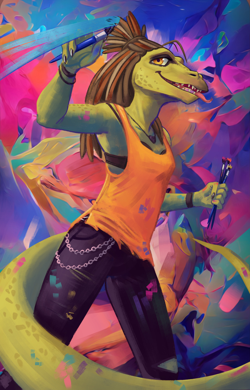 abstract_background absurd_res anthro bra breasts claws clothed clothing digital_media_(artwork) female fingers hair hi_res holding_object jakeseeker lizzard looking_at_viewer open_mouth shirt simple_background smile solo standing teeth tongue tongue_out topwear underwear