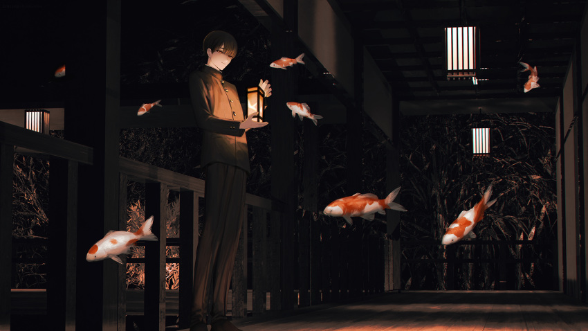 1boy animal architecture bangs black_footwear black_hair black_pants bowl_cut chinikuniku east_asian_architecture fish flying_fish gakuran goldfish hand_up hanging_lantern highres holding holding_lantern lantern long_sleeves looking_at_hand looking_at_viewer looking_away looking_down male_focus night original pants porch railing red_eyes school_uniform short_hair smile standing tree veranda wide_shot wooden_floor