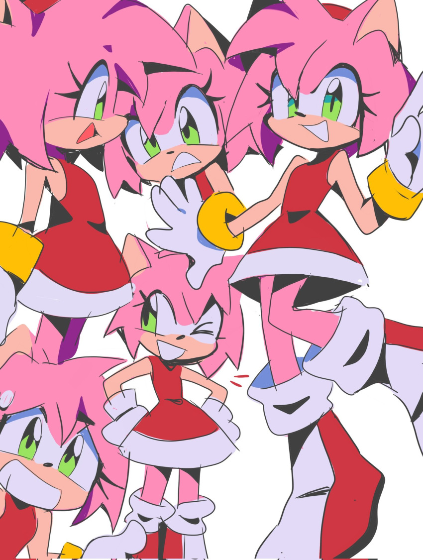 1girl amy_rose boots dress furry furry_female gloves green_eyes head_tilt highres looking_at_viewer multiple_views open_mouth pantyhose pink_legwear red_dress red_footwear sleeveless sleeveless_dress smile sonic_(series) sweatdrop white_background white_gloves yen0028