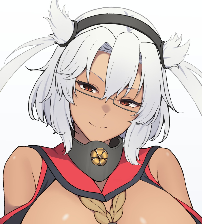 1girl bangs breasts cape close-up collar dark-skinned_female dark_skin eyebrows_visible_through_hair face hair_between_eyes hair_flaps headgear highres huge_breasts kantai_collection looking_at_viewer medium_hair metal_collar musashi_(kancolle) semi-rimless_eyewear silver_hair simple_background smile solo takaman_(gaffe) twintails white_background