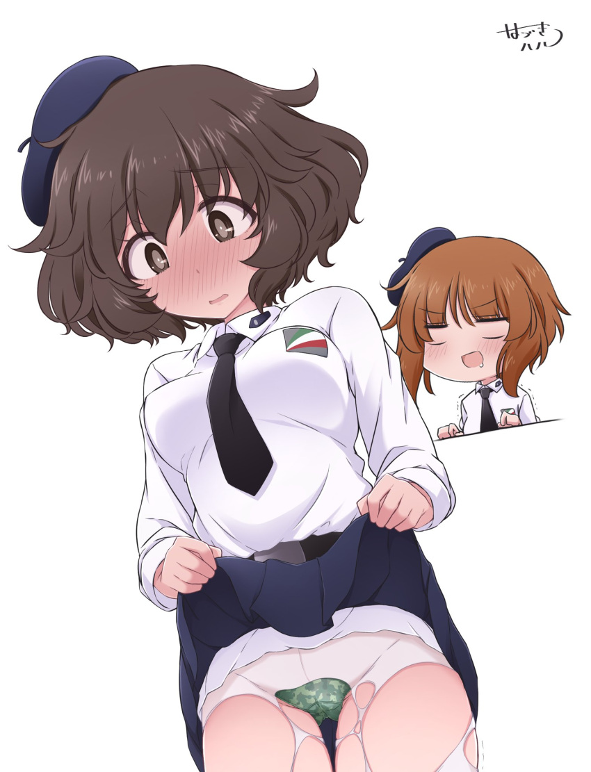 akiyama_yukari anzio_school_uniform belt beret black_belt black_headwear black_necktie black_skirt blush camouflage camouflage_panties clothes_lift dress_shirt emblem full-face_blush girls_und_panzer hat hazuki_haru highres long_sleeves miniskirt necktie nishizumi_miho panties pantyhose pleated_skirt school_uniform shirt simple_background skirt skirt_lift torn_clothes torn_legwear underwear white_legwear white_shirt wing_collar