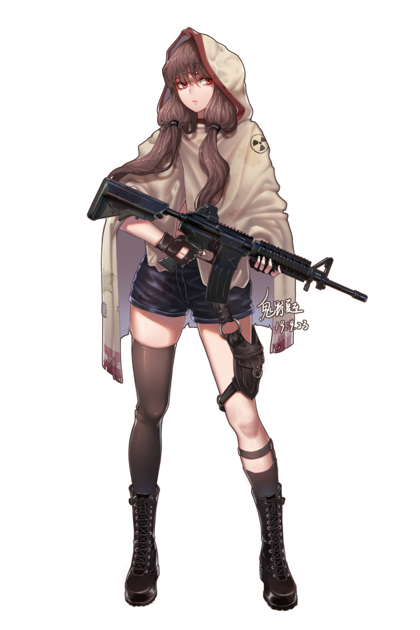 1girl absurdres ar-15 assault_rifle black_footwear black_gloves black_legwear boots brown_cape brown_hair cape dated fingerless_gloves full_body gloves guiyexiazhi gun highres holding holding_weapon hood hooded_cape long_hair looking_at_viewer m16 original red_eyes rifle short_shorts shorts simple_background single_thighhigh solo standing thighhighs weapon white_background