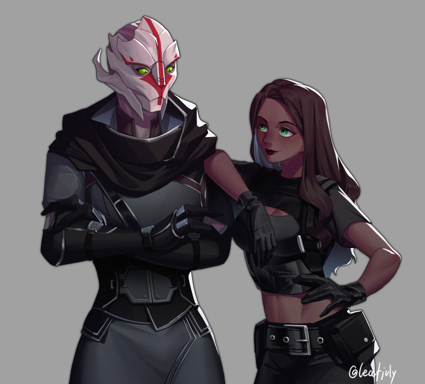 absurd_res alien bodypaint breasts cleavage_cutout clothing commander_shepard crop_top crossed_arms duo elbow_on_shoulder eye_contact face_paint female gloves green_eyes hand_on_hip handwear hi_res hood human leafjuly looking_at_another mammal mass_effect nyreen_kandros pupils shirt slit_pupils standing topwear turian video_games