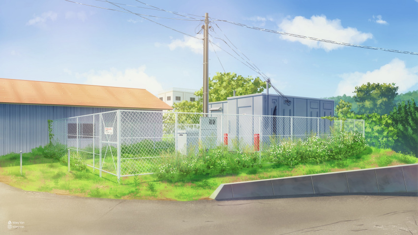 artist_name building bush cloud english_commentary fence grass highres instagram_username isbeyvan japan morning no_humans original outdoors power_lines road scenery sky street transformer tree utility_pole watermark window