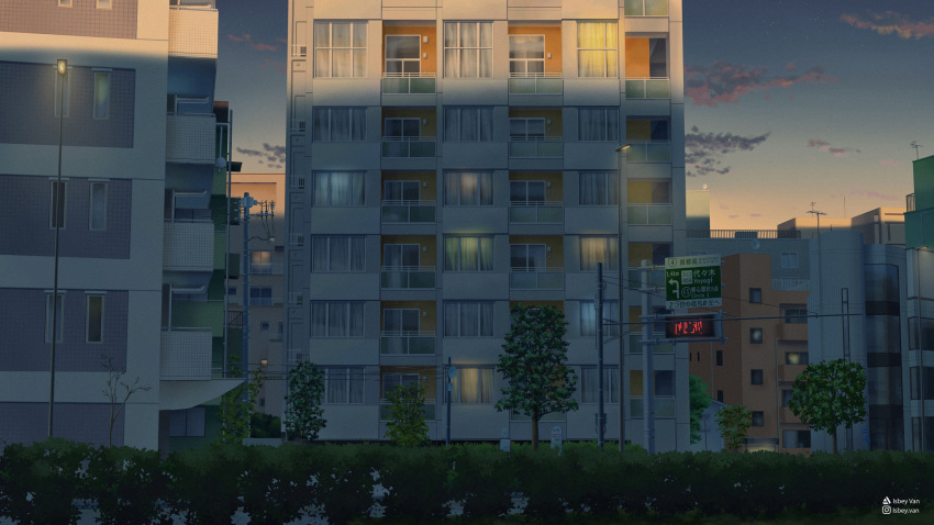 artist_name balcony building cityscape cloud commentary_request gradient_sky highres instagram_username isbeyvan japan lamppost light morning night night_sky no_humans orange_sky original outdoors power_lines road_sign scenery sign sky sunrise tree utility_pole watermark window