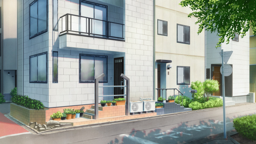 air_conditioner artist_name balcony building bush commentary door flower_pot highres house instagram_username isbeyvan japan mailbox_(incoming_mail) no_humans original outdoors plant road scenery stairs street watermark window