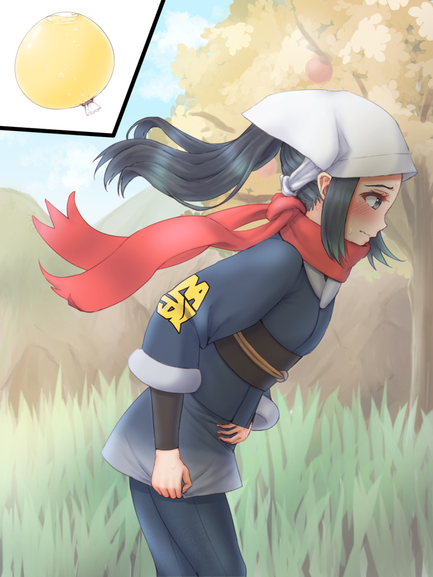 1girl akari_(pokemon) apotea black_eyes black_hair blue_kimono blue_pants blue_sky blush closed_mouth cloud commentary_request day embarrassed flat_chest from_side grass hand_on_own_stomach have_to_pee head_scarf highres japanese_clothes kimono layered_sleeves leaning_forward long_sleeves obi outdoors pants pokemon pokemon_(game) pokemon_legends:_arceus ponytail profile red_scarf sash scarf shiny shiny_hair sidelocks sky solo standing sweat textless tree urine_meter walking wavy_mouth white_headwear