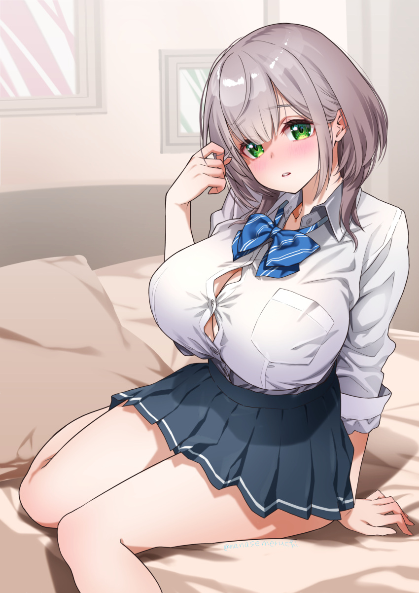 1girl bangs bed blue_bow blue_bowtie blue_skirt blush bow bowtie breasts button_gap collared_shirt dress_shirt eyebrows_visible_through_hair green_eyes hair_behind_ear hand_up highres hololive huge_breasts indoors long_sleeves looking_at_viewer nanase_meruchi on_bed parted_lips pillow pleated_skirt shirogane_noel shirt silver_hair sitting sitting_on_bed skirt solo striped striped_bow striped_bowtie virtual_youtuber white_shirt