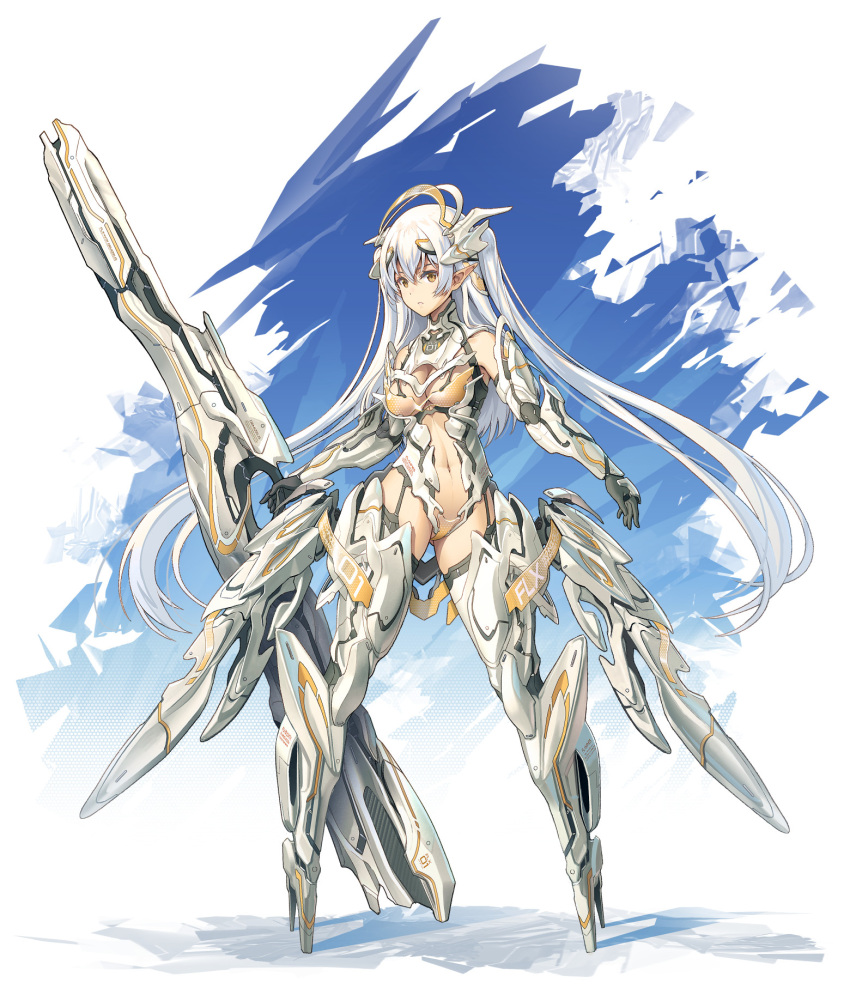 1girl armor arms_at_sides ballet_boots boots breasts commentary_request elbow_gloves full_body gloves headgear highres holding holding_weapon long_hair looking_at_viewer mecha_musume medium_breasts navel original parted_lips pigeon-toed pinakes pointy_ears shadow solo standing thigh_boots thighhighs very_long_hair weapon white_hair yellow_eyes