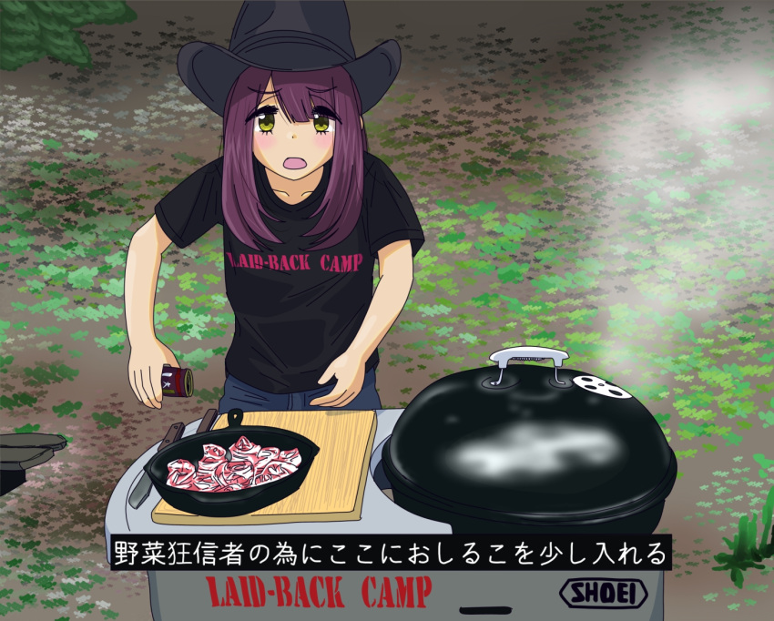 1girl barbecue bbq_pit_boys brown_hair cooking cowboy_hat eyebrows_visible_through_hair food frying_pan green_eyes hat jyagi_naoki long_hair looking_at_viewer meat outdoors parody shirt shiruko_(food) shoei smoke solo subtitled t-shirt toki_ayano translated yellow_eyes yurucamp