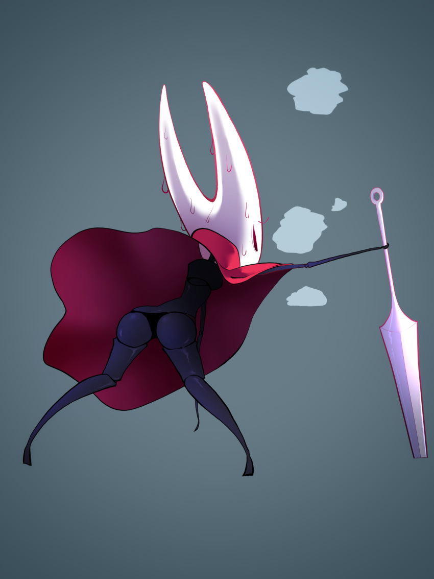 1girl arm_up arthropod_girl ass black_eyes black_panties black_skin blank_eyes blue_background breasts breath cloak colored_skin commentary_request english_commentary from_behind full_body gradient gradient_background half-closed_eyes highres holding holding_weapon hollow_knight hornet_(hollow_knight) joints korean_commentary legs_apart mixed-language_commentary multicolored_skin needle_(hollow_knight) noob_(pixiv_35498425) outstretched_arm panties partial_commentary planted red_cloak shiny shiny_skin simple_background small_breasts solo standing sweat two-tone_skin underwear upskirt weapon white_skin