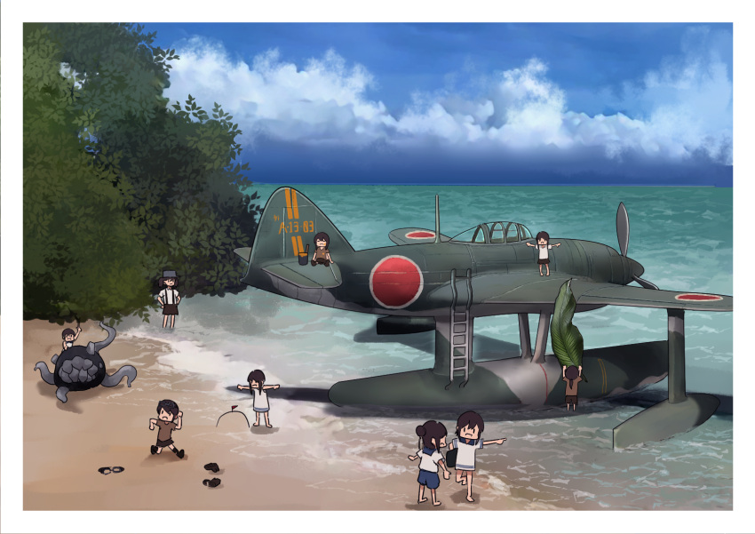 6+girls abyssal_ship aircraft beach black_hair blue_sky cloud day enemy_naval_mine_(kancolle) fairy_(kancolle) highres kantai_collection minigirl multiple_girls ocean outdoors palm_leaf propeller seaplane sky tentacles timmyyen tree visor_cap