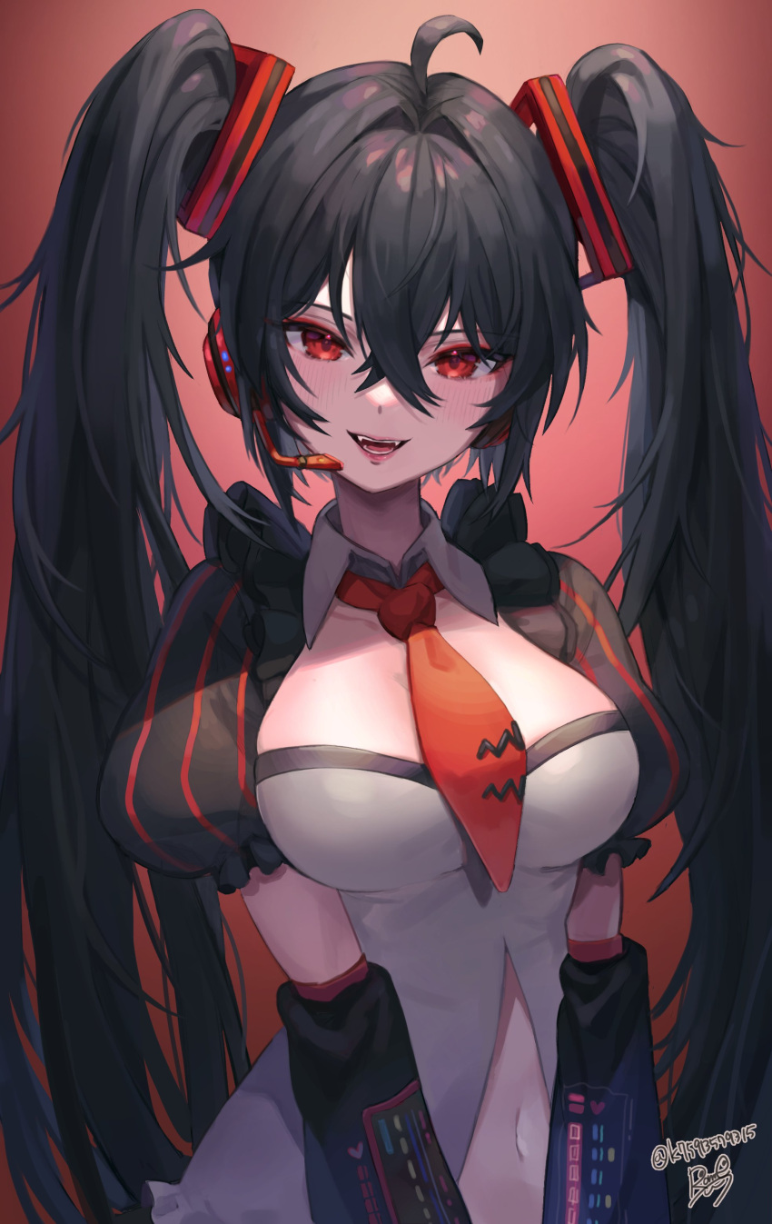 1girl absurdres ahoge black_hair breasts center_opening dark_persona detached_sleeves fangs hair_ornament hatsune_miku headphones highres large_breasts lerome long_hair looking_at_viewer navel necktie open_mouth puffy_sleeves red_background red_eyes shirt short_sleeves smile solo stomach twintails upper_body very_long_hair vocaloid white_shirt wing_collar zatsune_miku