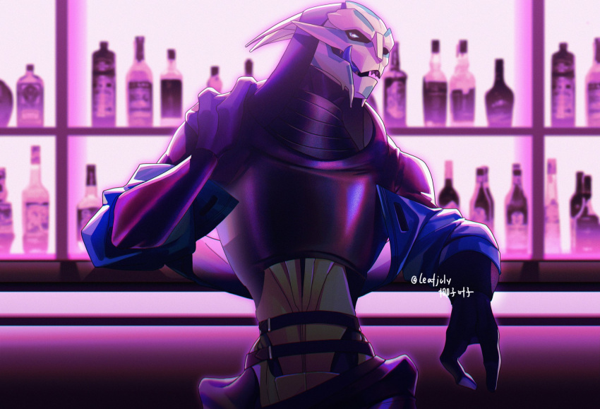 alcohol alien bar_counter bedroom_eyes belt beverage blue_tongue bodypaint bottle clothed clothing counter crop_top face_paint hi_res hood jacket leafjuly licking licking_lips looking_at_viewer male mass_effect narrowed_eyes open_clothing open_jacket open_mouth open_topwear seductive shirt solo standing tongue tongue_out topwear turian video_games