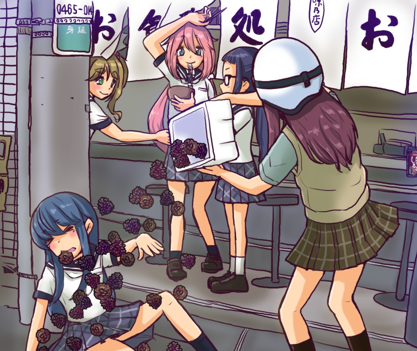 &gt;_&lt; 5girls blonde_hair blue_hair brown_hair eating glasses helmet inuyama_aoi jyagi_naoki kagamihara_nadeshiko long_hair multiple_girls noren oogaki_chiaki opaque_glasses photo-referenced pinecone pink_hair purple_hair school_uniform serafuku shima_rin side_ponytail toki_ayano twintails yurucamp