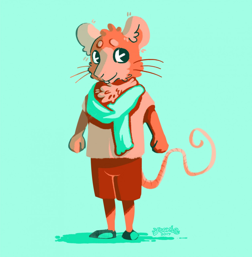 2017 anthro biped blue_background blue_scarf bottomwear clothing dated front_view fur glistening glistening_eyes hi_res looking_aside male mammal mouse murid murine orange_body orange_fur pants red_bottomwear red_clothing red_pants rodent scarf signature simple_background solo standing teeth whiskers yookie