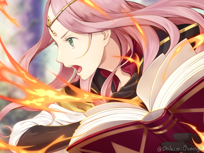 1girl black_gloves book circle fire flame frederica_aesfrost gloves green_eyes highres holding holding_book looking_away magic open_mouth pink_hair shikimiorange solo triangle_strategy twitter_username upper_body