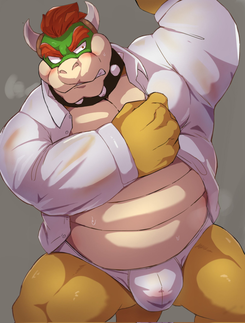 2022 anthro belly big_belly blush bodily_fluids bowser bulge clothed clothing hi_res humanoid_hands kemono koopa male mario_bros musk nintendo open_clothing open_shirt open_topwear overweight overweight_male scalie shirt simple_background solo sweat topwear underwear video_games yoshizaurusu_n