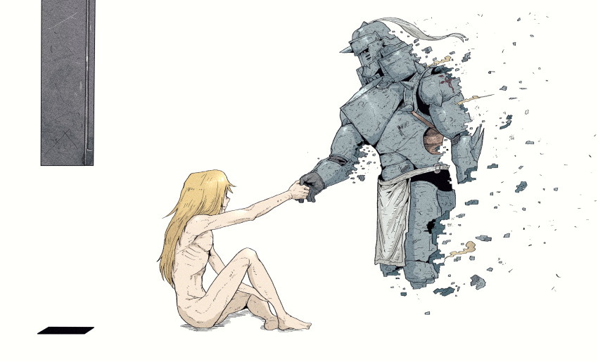 2boys absurdres alphonse_elric armor blonde_hair completely_nude disintegration edward_elric emaciated from_side fullmetal_alchemist han_gong helmet highres holding_hands long_hair multiple_boys nude pelvic_curtain plume simple_background smile spoilers white_background