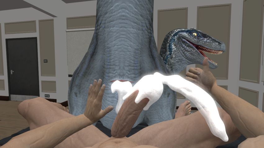 3d_(artwork) bedroom blue_(jurassic_world) bodily_fluids cum cum_drip cum_in_cloaca cum_inside cum_inside_without_penetration digital_media_(artwork) dinosaur dripping dromaeosaurid duo ejaculation female feral genital_fluids genitals gesture human humanoid jurassic_park jurassic_world male male/female mammal penis reptile scalie someguyoffthestreets source_filmmaker theropod throbbing_penis thumbs_up universal_studios velociraptor