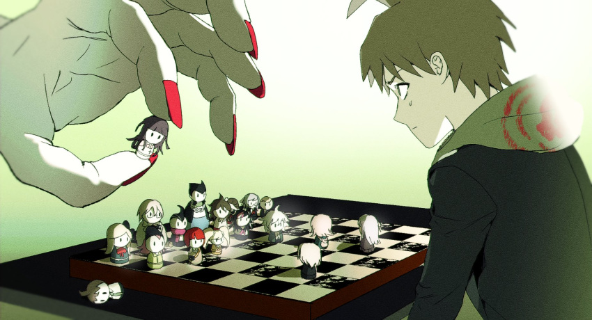 1boy 1girl bangs black_jacket board_game brown_background brown_hair chess chess_piece chessboard closed_mouth danganronpa:_trigger_happy_havoc danganronpa_(series) danganronpa_2:_goodbye_despair enoshima_junko from_side giant_hand gradient gradient_background hanamura_teruteru highres hinata_hajime holding_chess_piece hood hood_down jab_(jabducklife) jacket kirigiri_kyouko koizumi_mahiru komaeda_nagito kuzuryuu_fuyuhiko long_sleeves mioda_ibuki nail_polish nanami_chiaki nidai_nekomaru owari_akane pekoyama_peko red_nails saionji_hiyoko short_hair sonia_nevermind souda_kazuichi sweatdrop tanaka_gandamu togami_byakuya togami_byakuya_(danganronpa_2) tsumiki_mikan