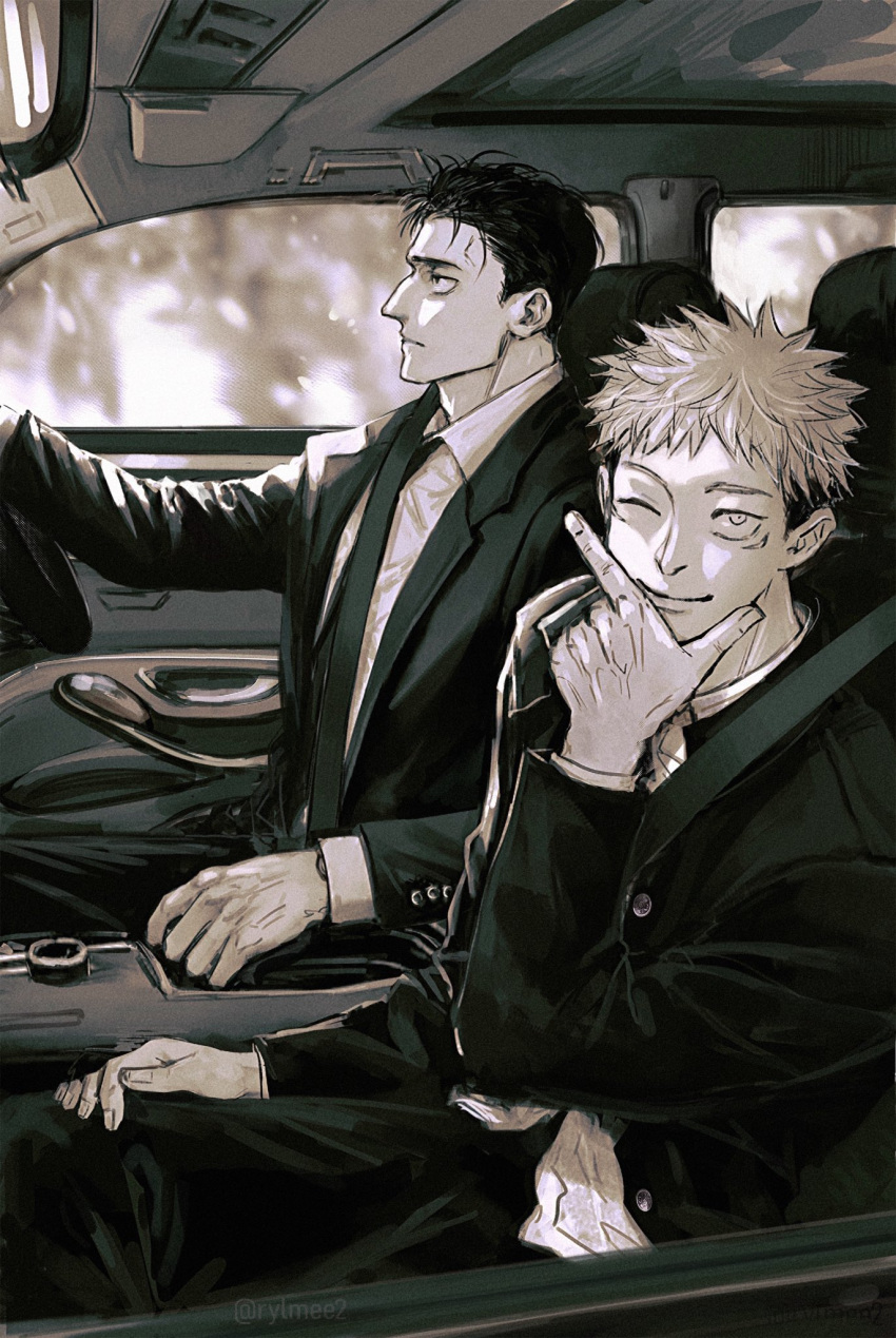 2boys car_interior closed_mouth collared_shirt facial_mark formal greyscale hand_up highres higuruma_hiromi itadori_yuuji jacket jujutsu_kaisen looking_at_viewer looking_away male_focus monochrome multiple_boys necktie one_eye_closed pants profile rylmee2 shirt short_hair smile suit undercut