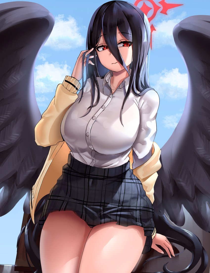 1girl absurdres blue_archive breasts collared_shirt hasumi_(blue_archive) highres large_breasts long_hair nonomi_(blue_archive) red_eyes school_uniform shirt soruex thick_thighs thighs wings