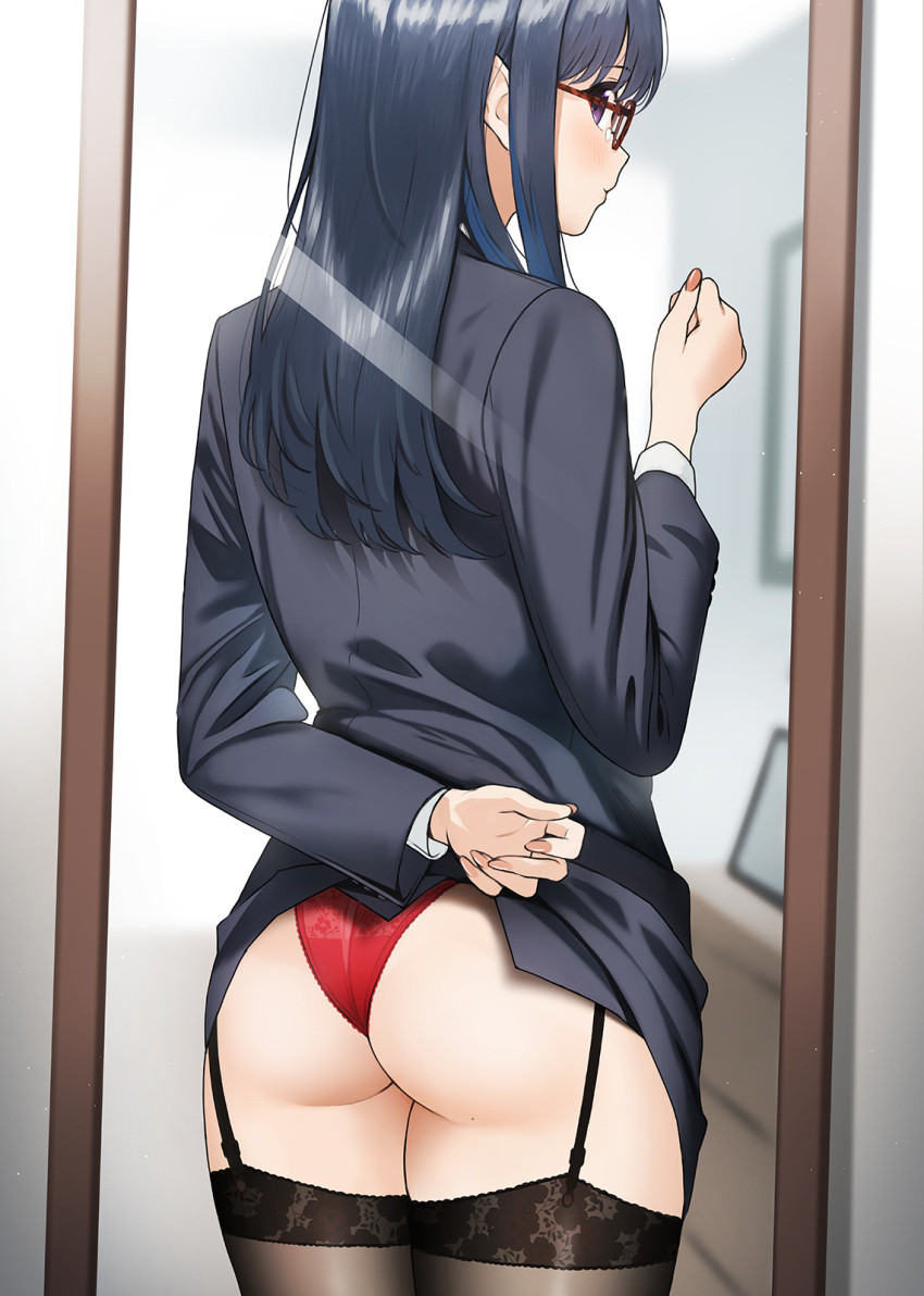 1girl arm_behind_back arm_up ass bangs black_hair black_legwear black_skirt black_suit blush business_suit clothes_lift cowboy_shot doushimasho dress_shirt eyebrows_visible_through_hair formal from_behind garter_straps glasses highres lifted_by_self lingerie long_hair looking_at_viewer looking_back mirror mole mole_on_ass original panties pencil_skirt purple_eyes red-framed_eyewear red_panties shirt skirt skirt_lift solo standing straight_hair suit thighhighs underwear