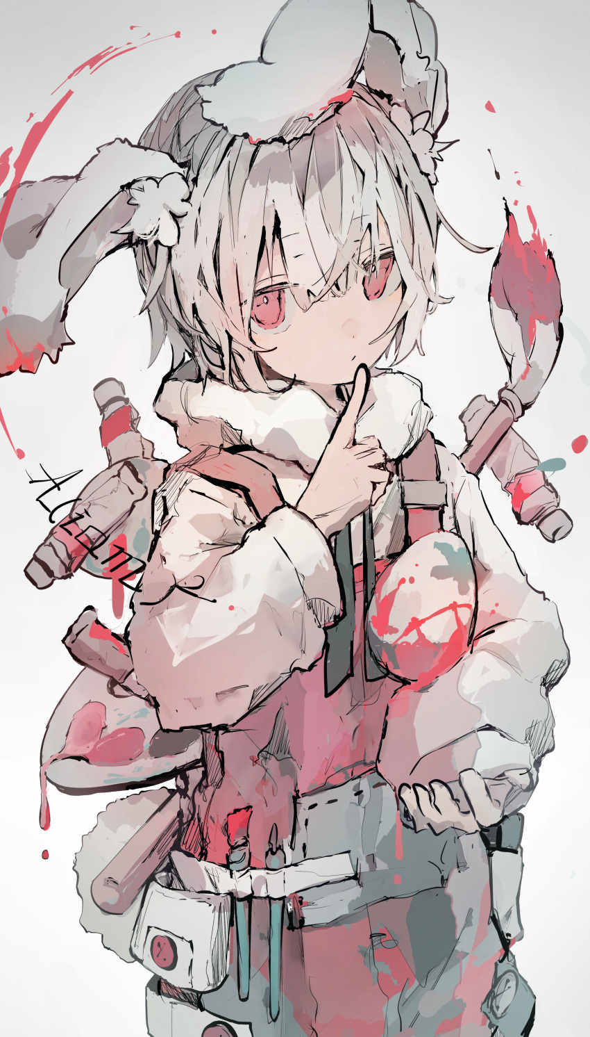 1boy absurdres aiamu_iamu animal_ear_fluff animal_ears artist_name bangs egg eyebrows_visible_through_hair finger_to_mouth grey_background highres long_sleeves original paint paintbrush palette_(object) rabbit_ears rabbit_tail short_hair signature simple_background tail white_hair