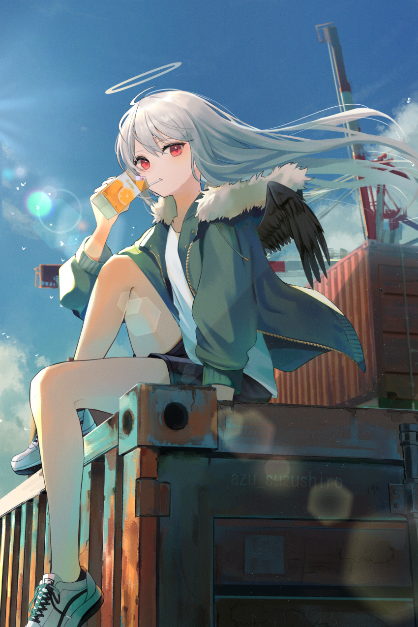 1girl azuazu_0405 bangs bare_legs black_shorts black_wings blue_jacket blue_sky cloud container crane_(machine) day drinking feathered_wings floating_hair fur-trimmed_jacket fur_trim halo highres holding jacket juice_box knee_up lens_flare long_hair long_sleeves open_clothes open_jacket original outdoors red_eyes shirt shoes shorts silver_hair sitting sky sneakers solo white_footwear white_shirt wind wings wings_through_clothes